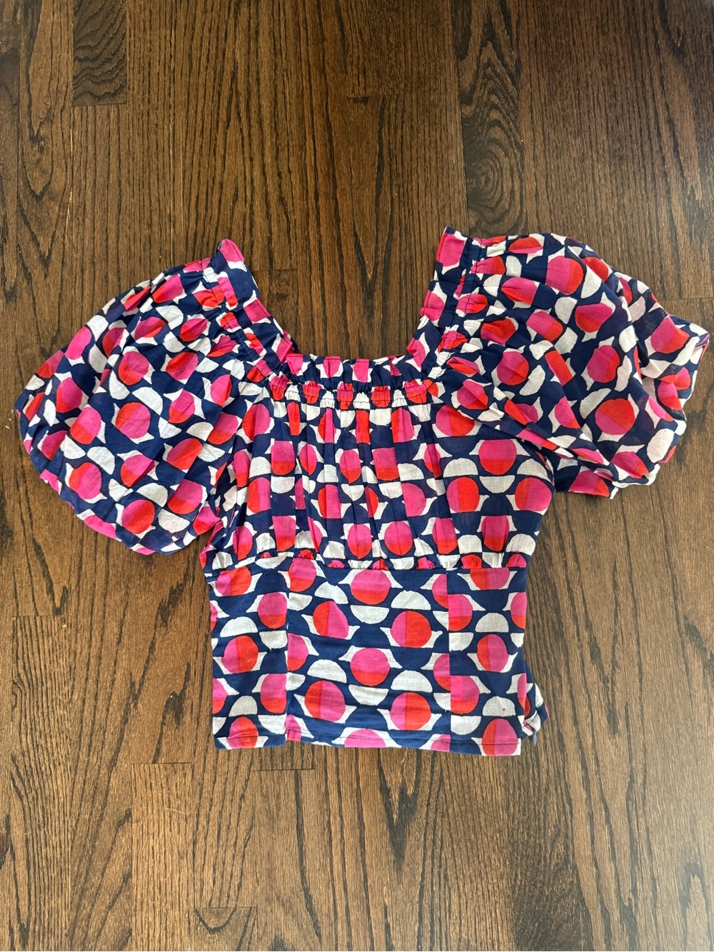 Banjanan Pink & Navy Puff-Sleeve Smocked Crop Top